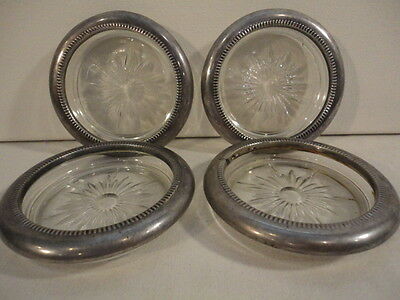 Vintage Set Of (4) Leonard Silver Plated Crystal Glass Coaster Ashtrays (italy)