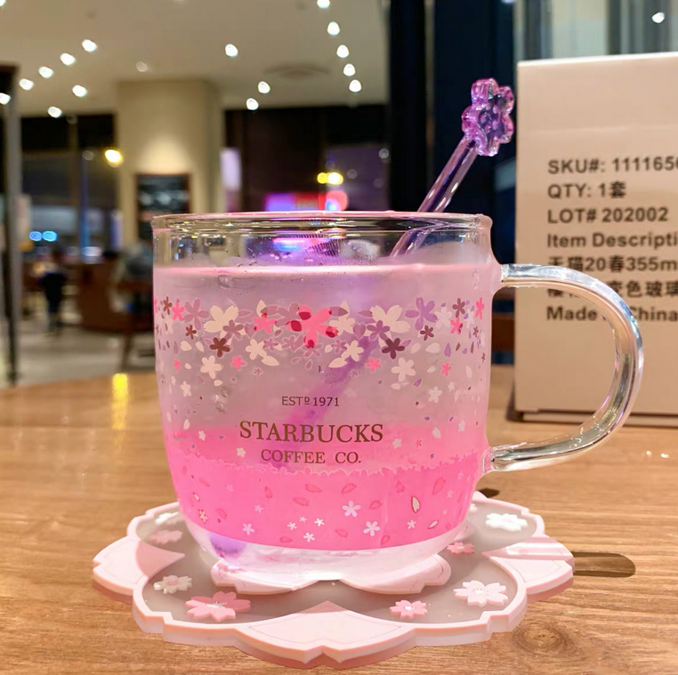 New Starbucks Glass Cup Color-changing Pink Sakura Coffee Cup With Coaster + Rod