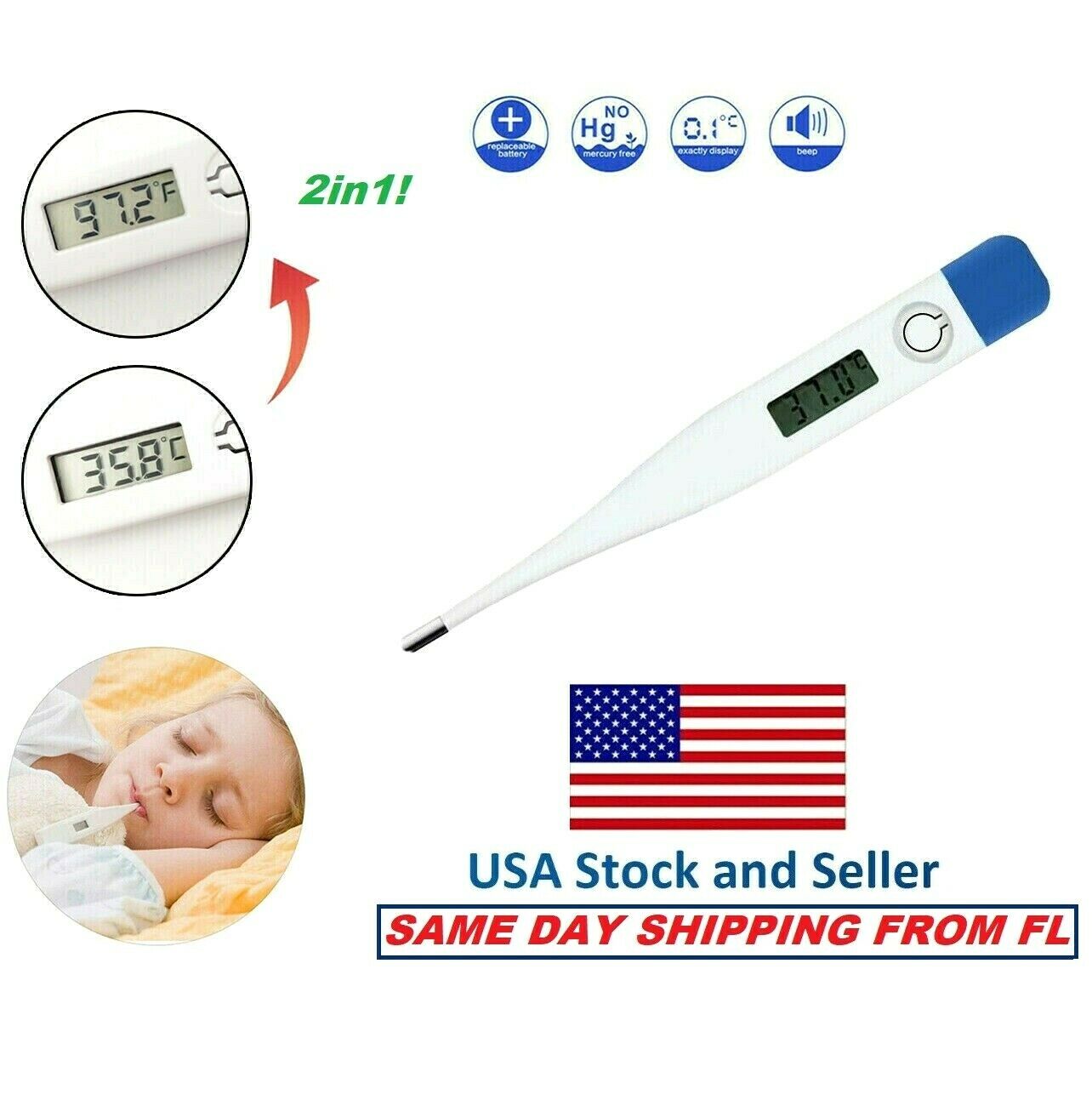 Electronic Digital Thermometer Body Adult Safe Oral Underarm Fever Temperature