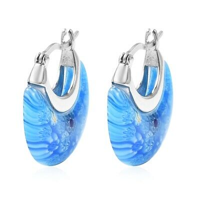 Murano Millefiori Glass Basket Blue Hoops Hoop Earrings Jewelry Gifts