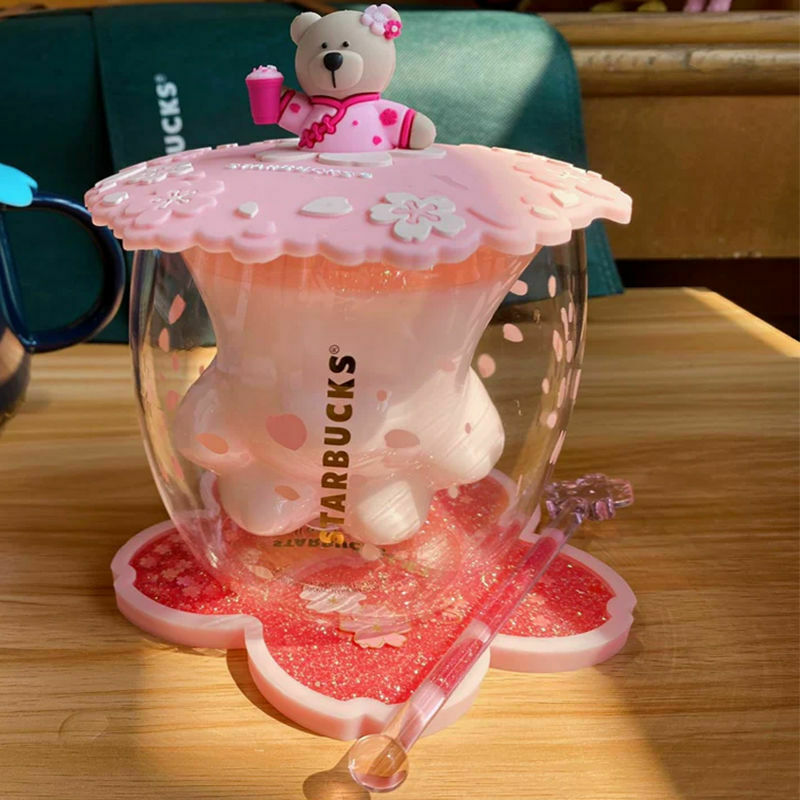 Starbucks Cat Paw Coffee Cup Glass Mug Lid With Pink Sakura Coaster & Rod&lid