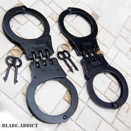 2pc Professional Double Lock Black Steel Hinged Police Handcuffs Real Chain Edc