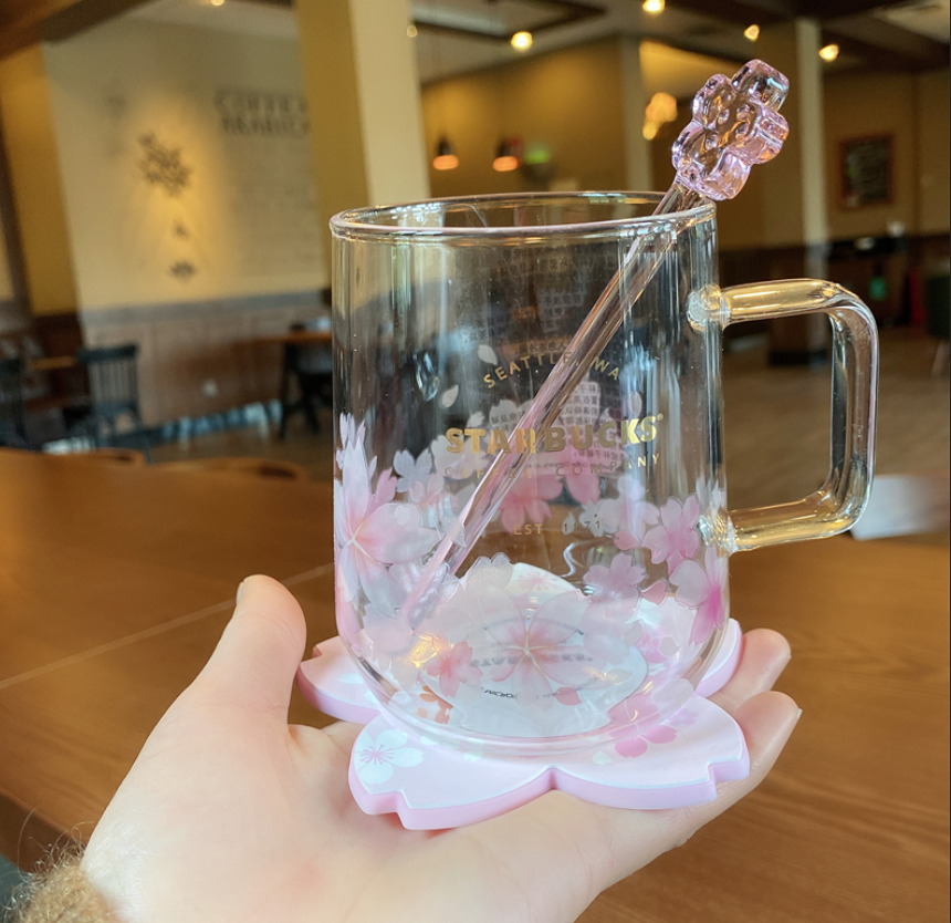 2021 Starbucks Pink Sakura Color-changing Glass Coffee Mug Cup With Rod&coaster