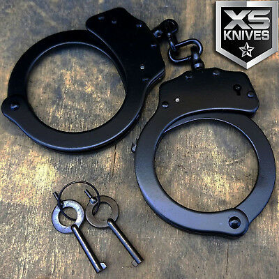 Real Police Handcuffs Double Lock Professional Black Steel Hand Cuffs  W/ Keys