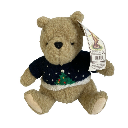 Gund Classic Pooh With Navy Sweater With Christmas Tree 8 Inch