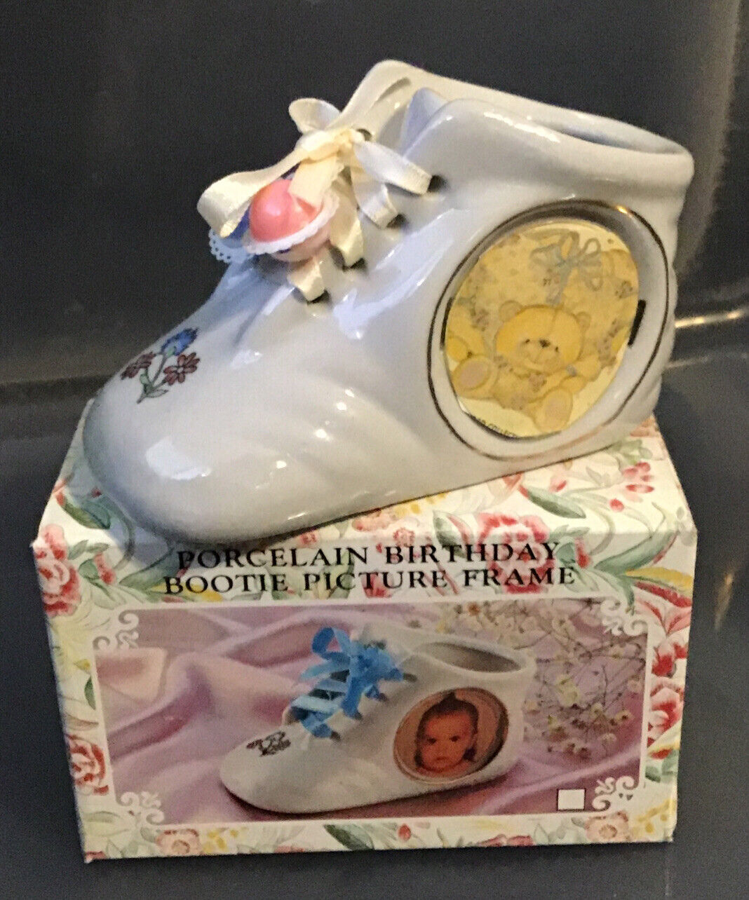Porcelain Birthday Bootie Picture Frame 5” X 3”  - Holds 2 X 2 Photo