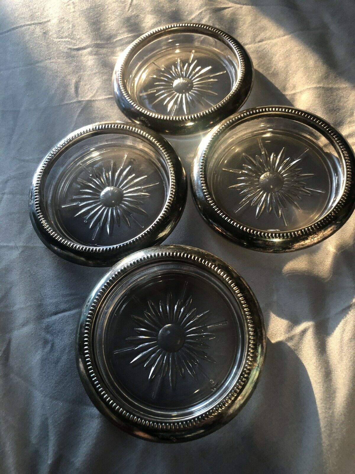 Vintage Leonard Italy Silver And Glass Ashtrays With Star/ Sun Cutouts Set Of 4