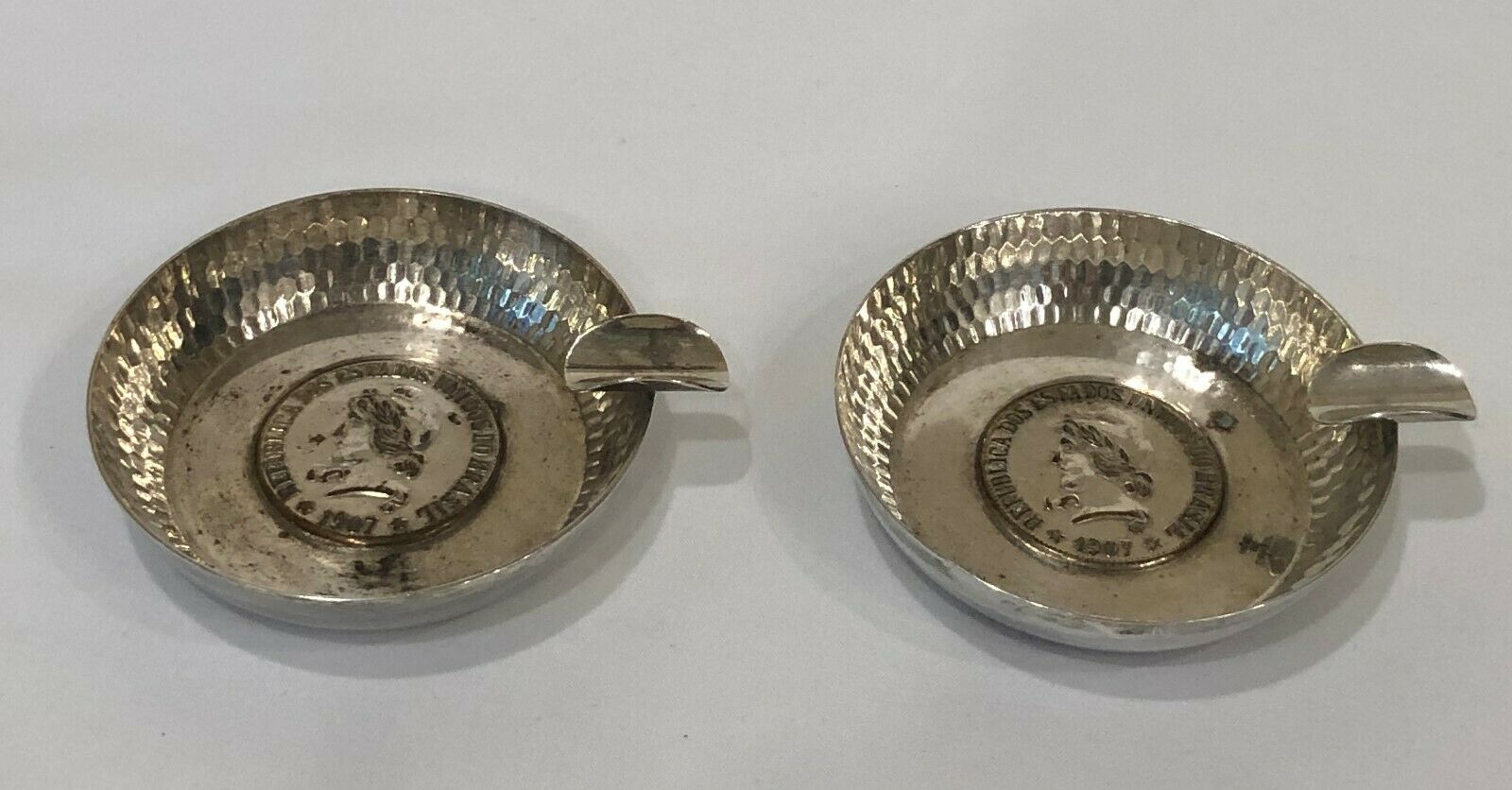 Silver Plate Brazil 1907 Coin Face Ashtrays (set Of 2)