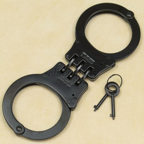 Heavy Duty Black Steel Hinged Double Lock Police Handcuffs Hand Cuffs 2 Keys New