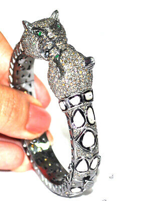 925 Sterling Silver Rose Cut Diamond Real Emerald Vintage Style Panther Bracelet