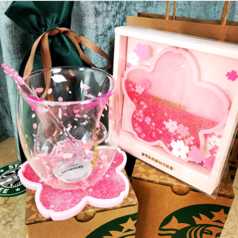 Starbucks Lovely Cat's Claw 6oz Sakura Cup Glass W/ Pink Sakura Coaster & Stick