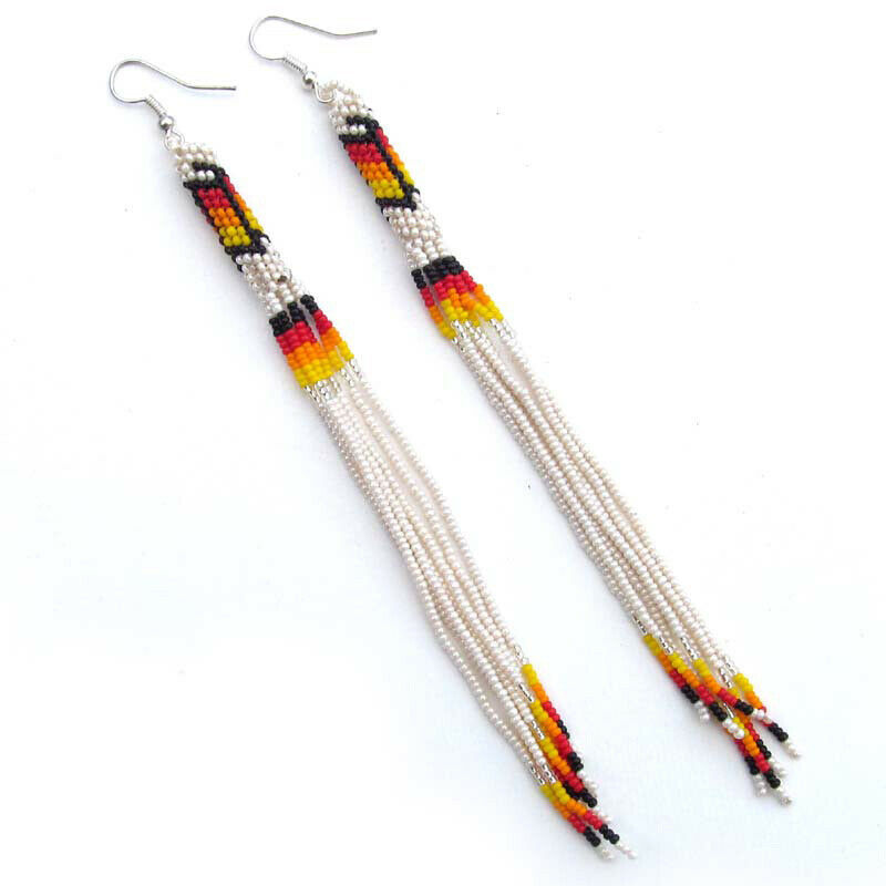 Handmade Beaded  Ethnic Cream Fire Glass Seed Beads Extra Long Earrings 5.5 Inch