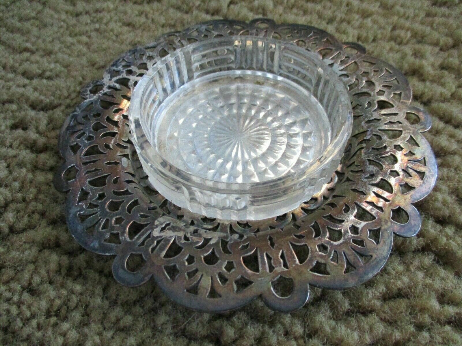 Vintage Round Glass Crystal Silver Plated Rim Ashtray