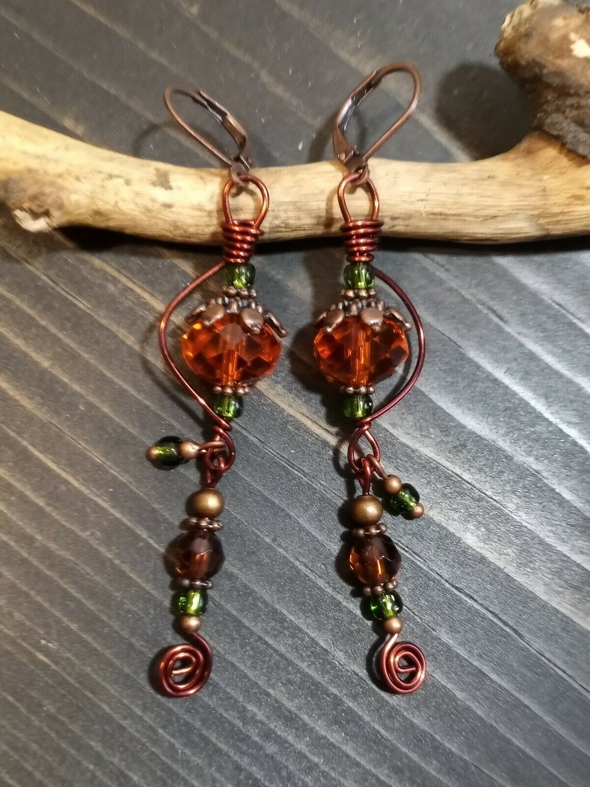 Unique Golden Topaz Crystal/amber/olive/antique Copper/brown Wire Wrap Earrings