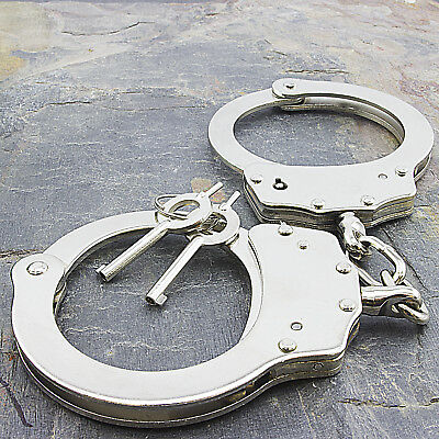 New Nickle Plated Double Lock Police Hand Cuffs W/ Keys