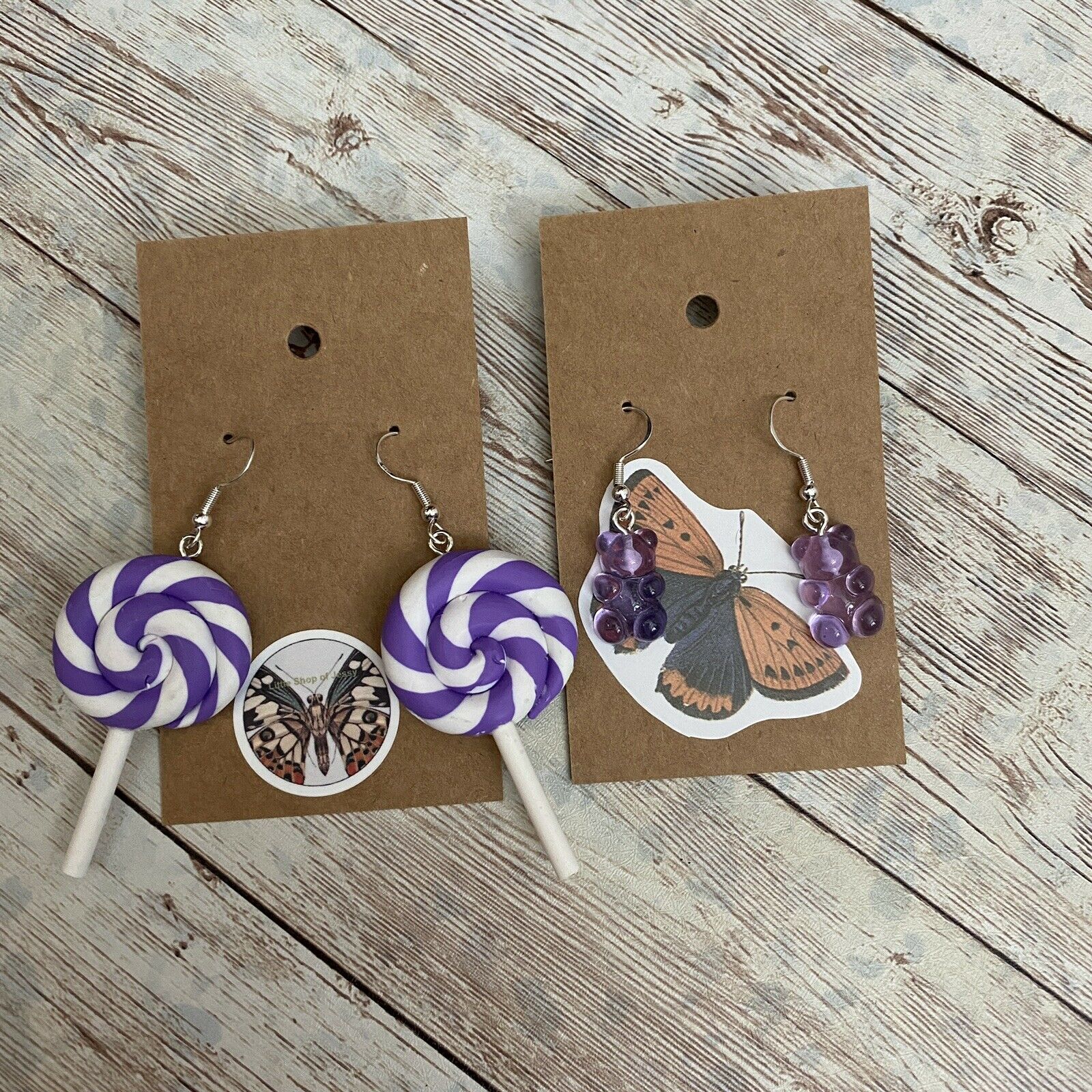 Handmade Earrings #202 Purple Candy 2 Pairs Gummy Bears Lollipop Sweet Tooth Nwt