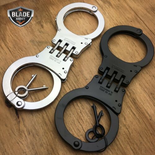 2 Pc Professional Double Lock Chrome Steel Hinged Police Security Handcuffs Real