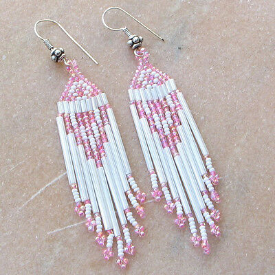 Pink White Bugle Seed Beads Handmade Chandelier Beaded Earrings E15/20