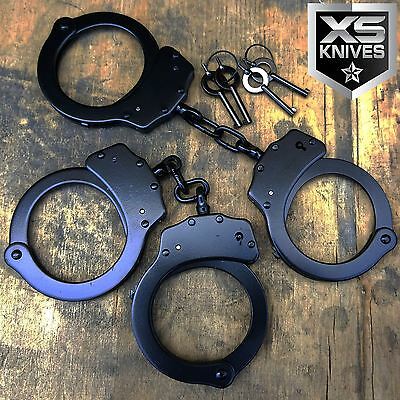 2pc Police Handcuffs Black Steel Double Lock Authentic Hand Cuffs W/keys Real