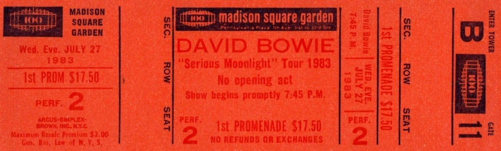 Vintage David Bowie 1983 Serious Moonlight Tour Unused Msg Concert Ticket-b11