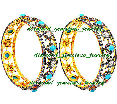 925 Sterling Silver Rose Cut Uncut Real Diamond & Turquoise Bangle Bracelet Pair