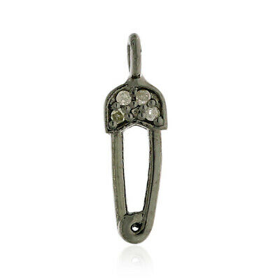Oxidized Sterling Silver Safety Pin Charm Pendant Studded Diamond Jewelry
