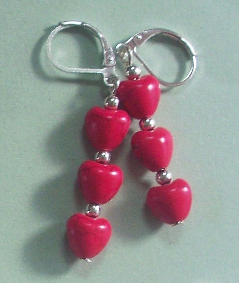 Hearts Strawberry Red Howlite Earring Sp Leverback Handcrafted