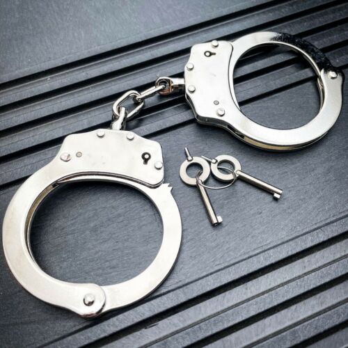 Security Handcuffs Professional Double Lock Heavy Duty Metal Steel - Silver
