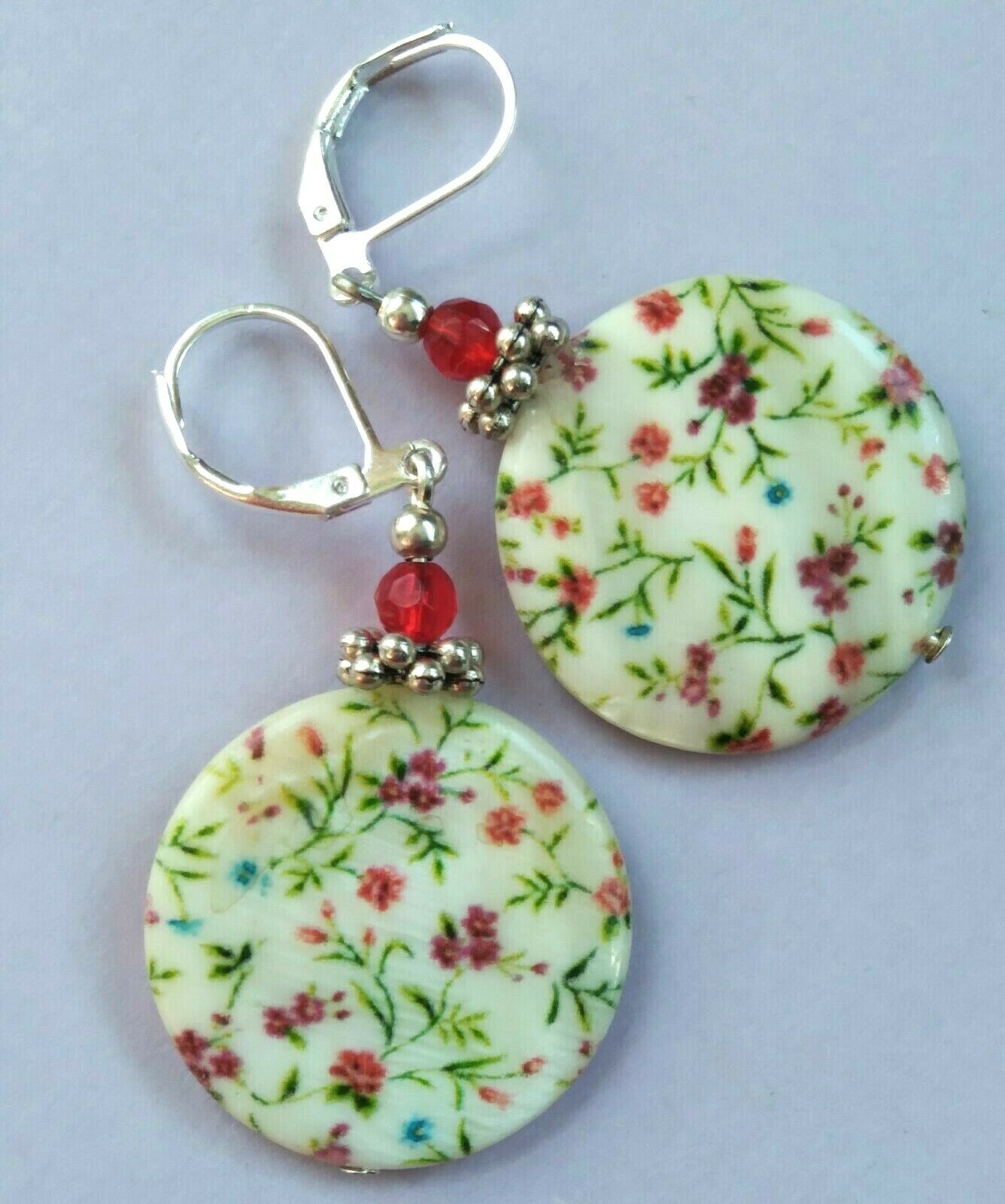 Printed Shell Spring Flowers Red Crystal Earring Sp Leverback Artisan