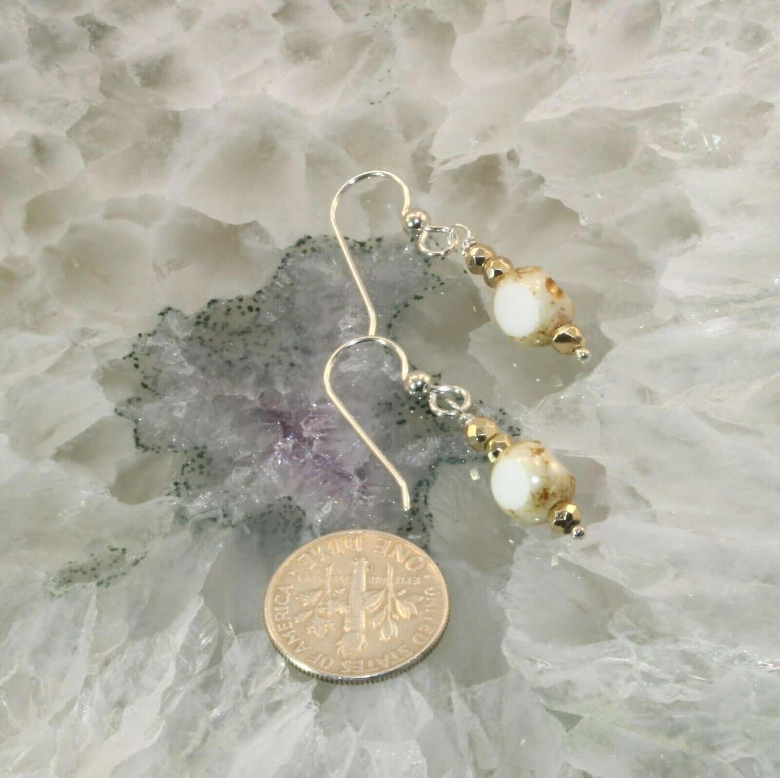 Golden Pyrite Stone Drop Gold/white Czech 925 Sterling S Earrings Joy's Jewels
