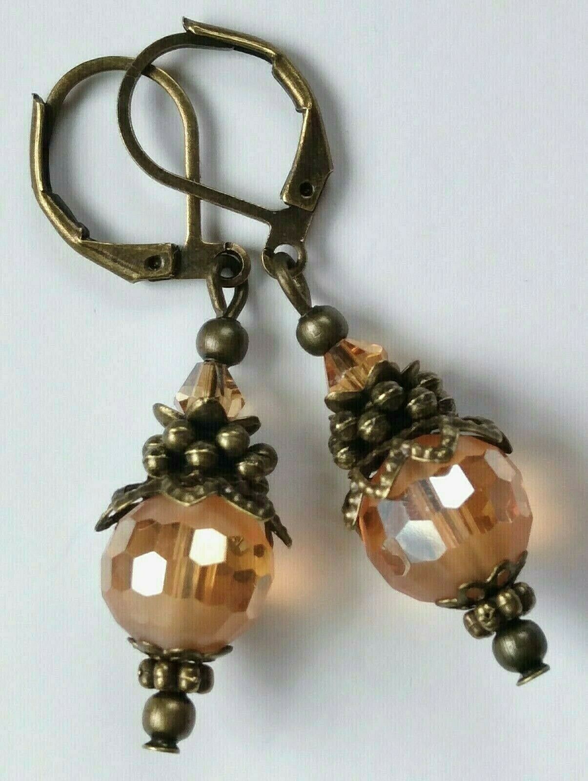 Yellow Topaz Chinese Crystal Earring Bronze Leverback Handcrafted