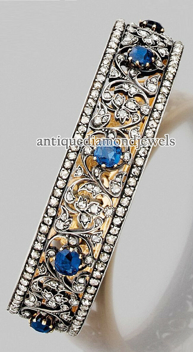 10.25ct Rose Cut Diamond Blue Sapphire 925 Silver Victorian Look Bracelet